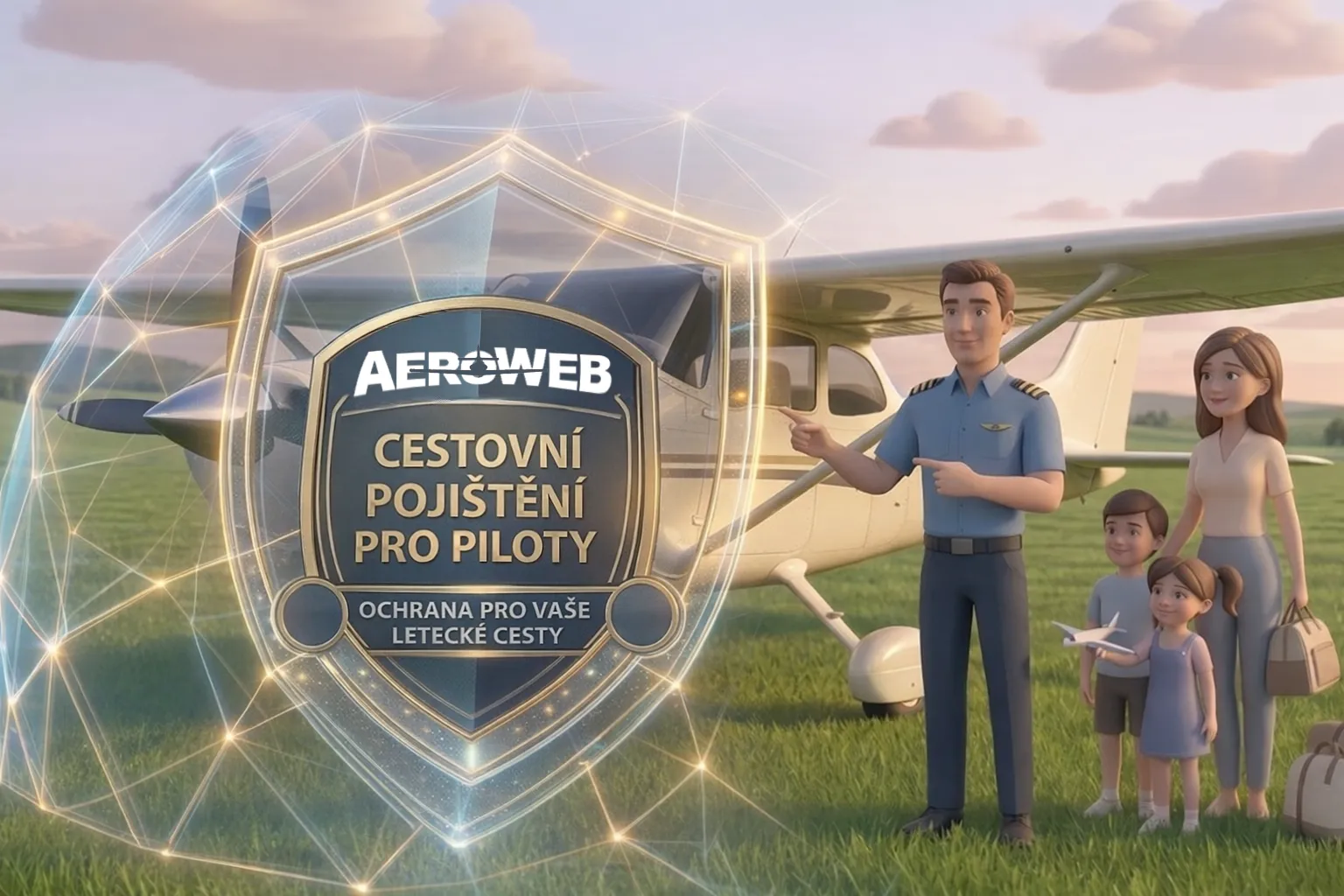 Ilustrace cestovního pojištění pro piloty – pilot, malé letadlo a cestování do zahraničí.